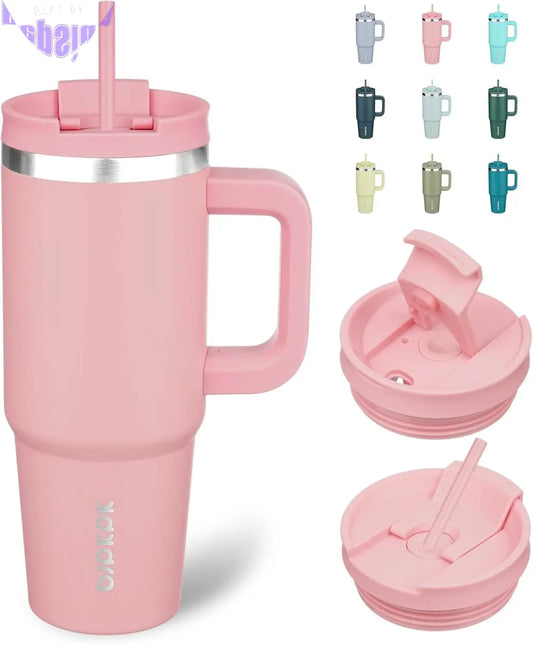 30Oz Stainless Steel Insulated Tumbler with Handle and Lid Straw Travel Coffee Mug Thermal Cup,Light Pink