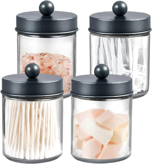 4 Pack Apothecary Jars Bathroom Vanity Storage Organizer Set -Countertop Canister with Stainless Steel Lids &Cute Stickers - Qtip Dispenser Holder for Qtips,Cotton Swabs,Makeup Sponges (Grey)