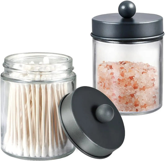 4 Pack Apothecary Jars Bathroom Vanity Storage Organizer Set -Countertop Canister with Stainless Steel Lids &Cute Stickers - Qtip Dispenser Holder for Qtips,Cotton Swabs,Makeup Sponges (Grey)