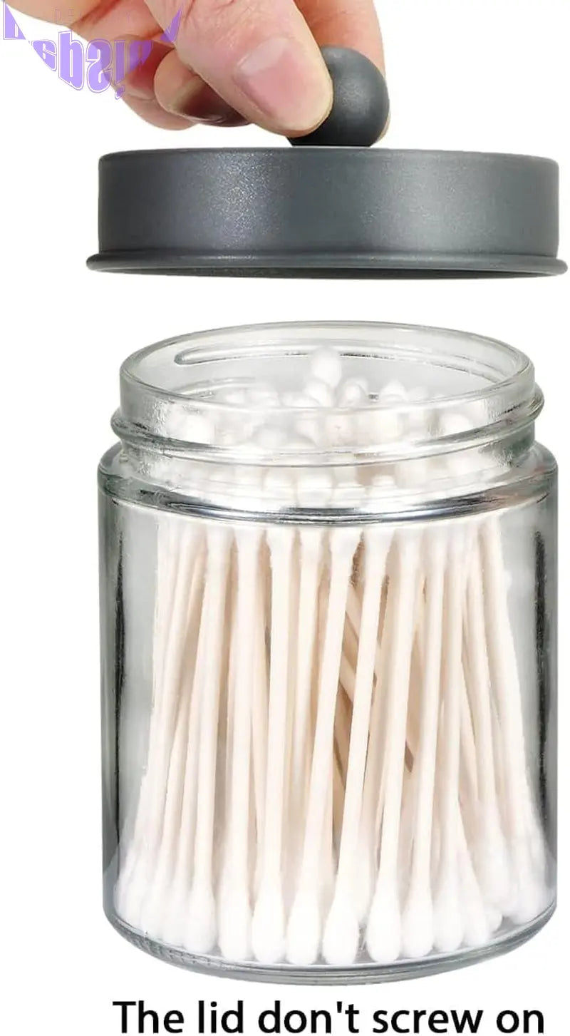 4 Pack Apothecary Jars Bathroom Vanity Storage Organizer Set -Countertop Canister with Stainless Steel Lids &Cute Stickers - Qtip Dispenser Holder for Qtips,Cotton Swabs,Makeup Sponges (Grey)