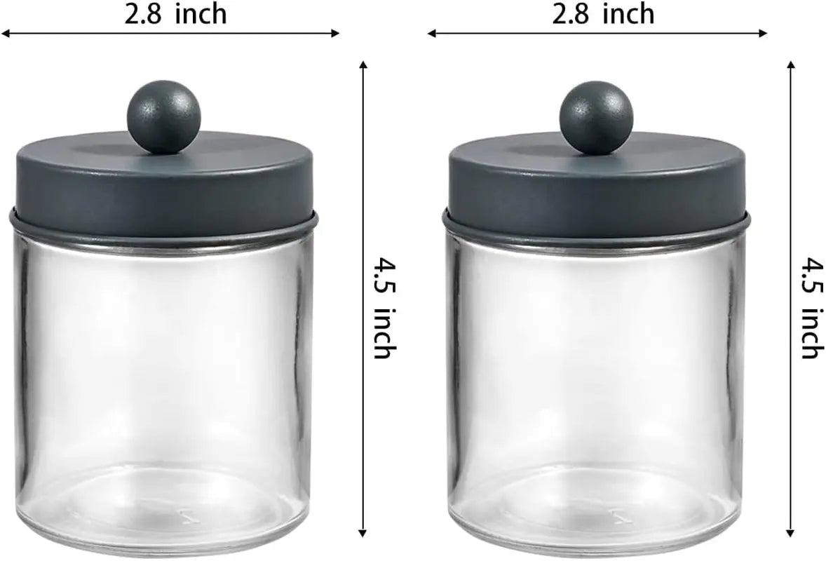 4 Pack Apothecary Jars Bathroom Vanity Storage Organizer Set -Countertop Canister with Stainless Steel Lids &Cute Stickers - Qtip Dispenser Holder for Qtips,Cotton Swabs,Makeup Sponges (Grey)