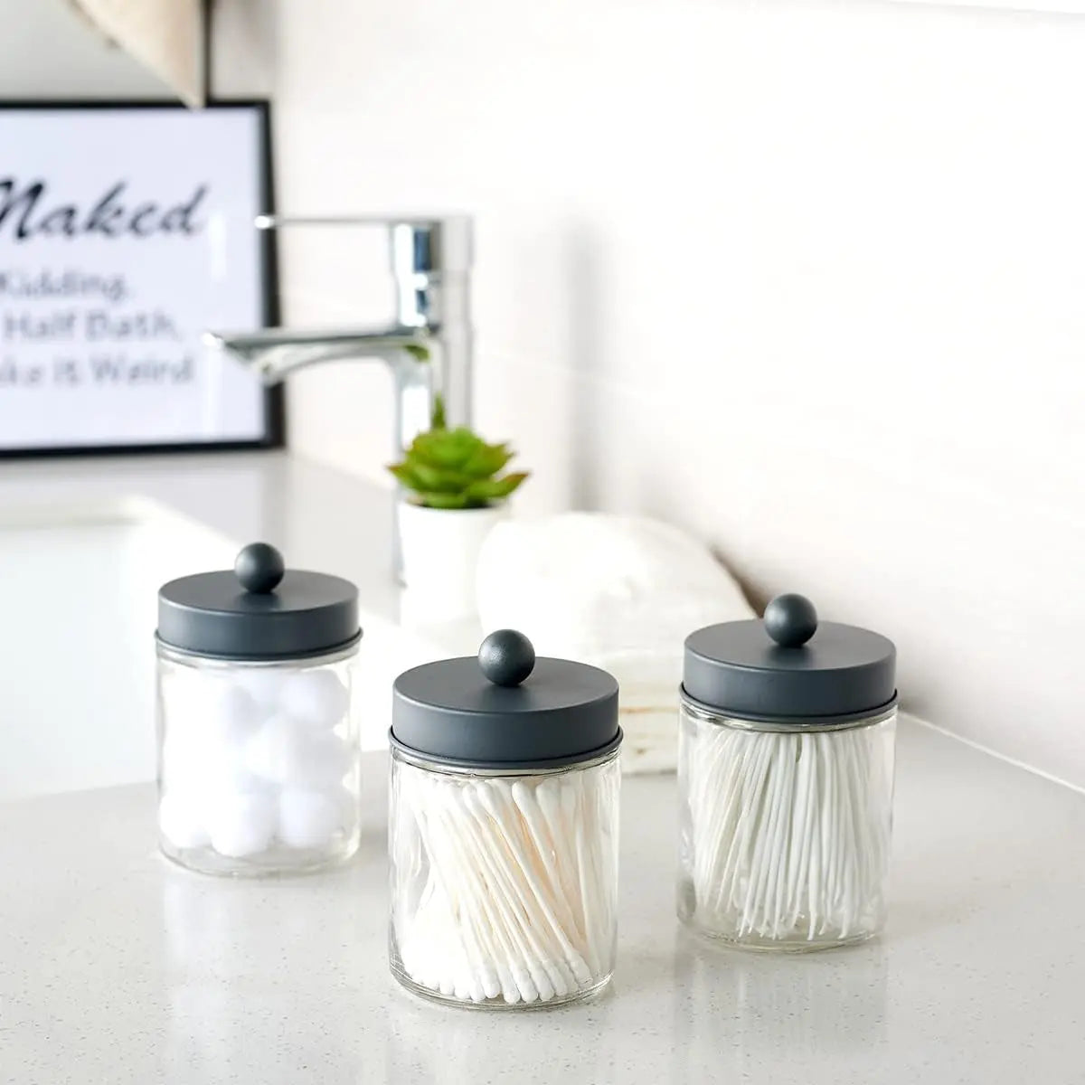 4 Pack Apothecary Jars Bathroom Vanity Storage Organizer Set -Countertop Canister with Stainless Steel Lids &Cute Stickers - Qtip Dispenser Holder for Qtips,Cotton Swabs,Makeup Sponges (Grey)