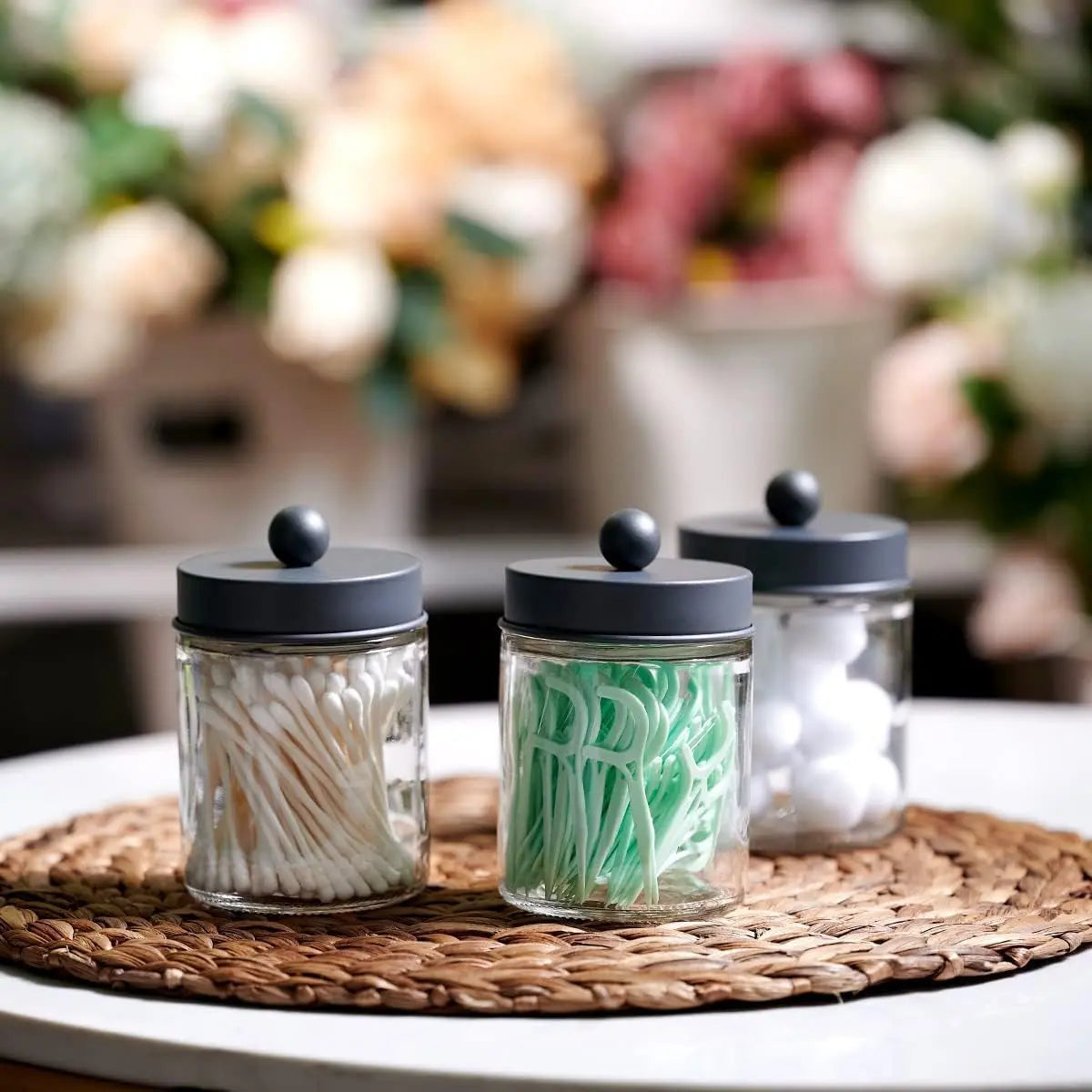 4 Pack Apothecary Jars Bathroom Vanity Storage Organizer Set -Countertop Canister with Stainless Steel Lids &Cute Stickers - Qtip Dispenser Holder for Qtips,Cotton Swabs,Makeup Sponges (Grey)