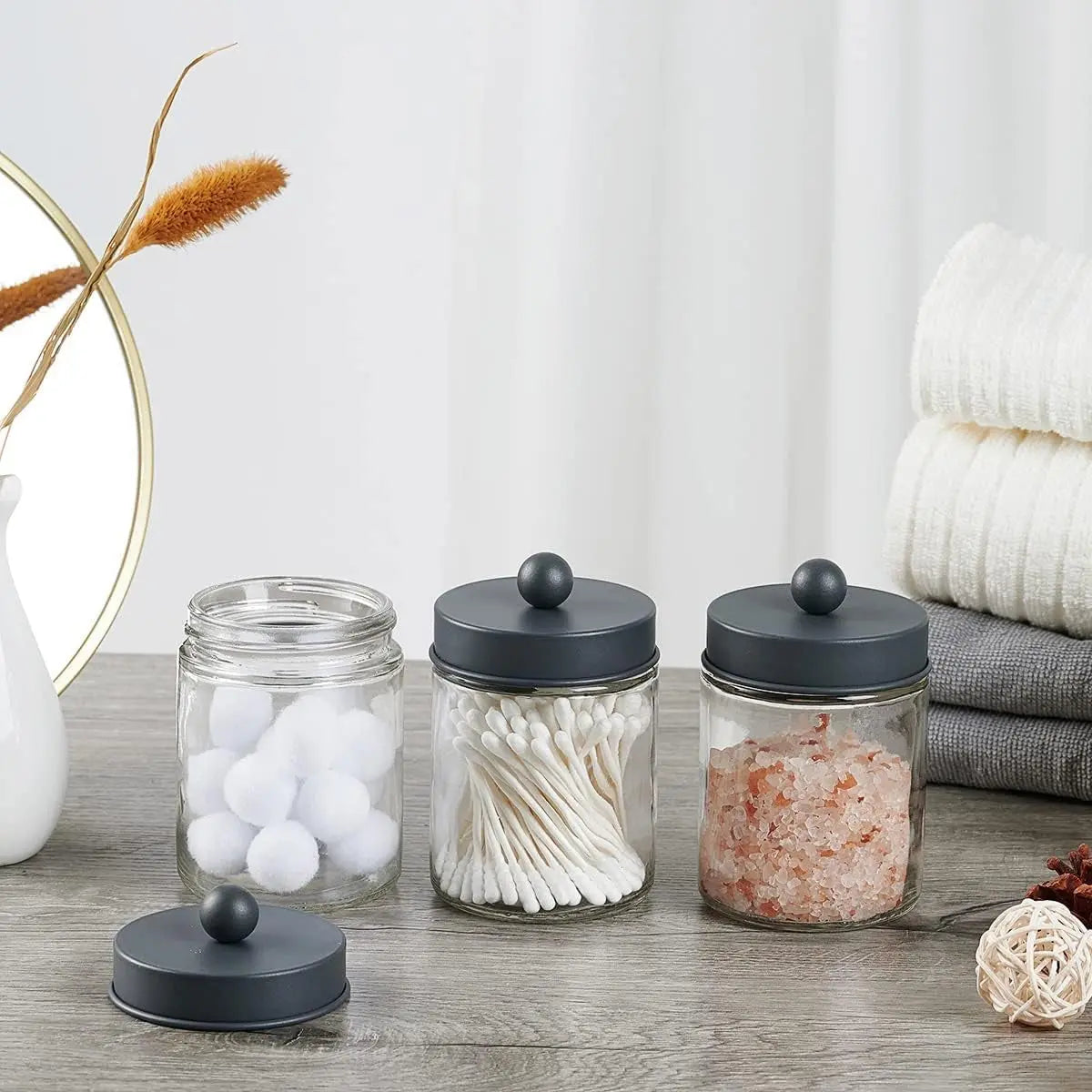 4 Pack Apothecary Jars Bathroom Vanity Storage Organizer Set -Countertop Canister with Stainless Steel Lids &Cute Stickers - Qtip Dispenser Holder for Qtips,Cotton Swabs,Makeup Sponges (Grey)