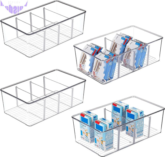 4 Pack Food Storage Organizer Bins, Clear Plastic Bins for Pantry, Kitchen, Fridge, Cabinet Organization and Storage, 4 Compartment Holder Packets, Snacks, Pouches, Spice Packets
