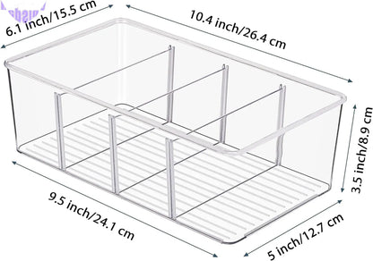 4 Pack Food Storage Organizer Bins, Clear Plastic Bins for Pantry, Kitchen, Fridge, Cabinet Organization and Storage, 4 Compartment Holder Packets, Snacks, Pouches, Spice Packets