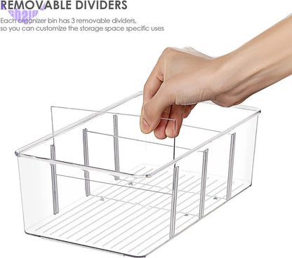 4 Pack Food Storage Organizer Bins, Clear Plastic Bins for Pantry, Kitchen, Fridge, Cabinet Organization and Storage, 4 Compartment Holder Packets, Snacks, Pouches, Spice Packets