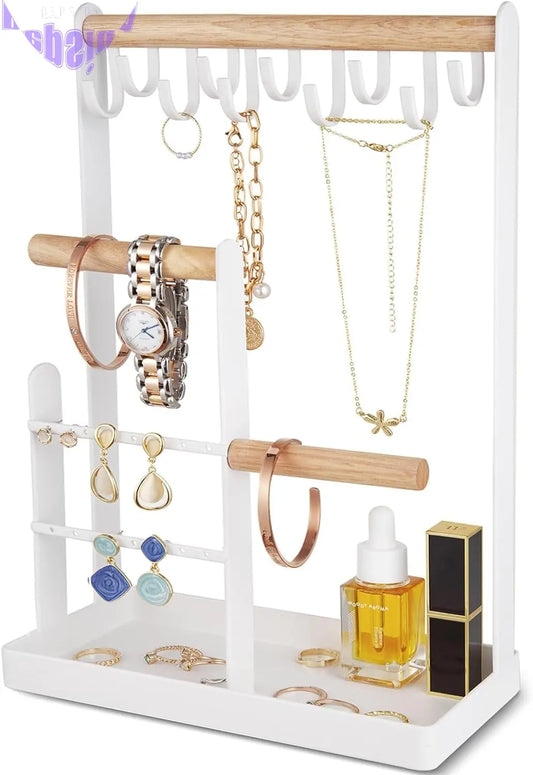 Jewelry Stand Necklace Holder, 4-Tier Jewelry Tower Rack with Earring Tray and Holes, 10 Hooks Necklaces Hanging Storage Tree Display Organizer for Bracelets Watches Earrings Rings -White