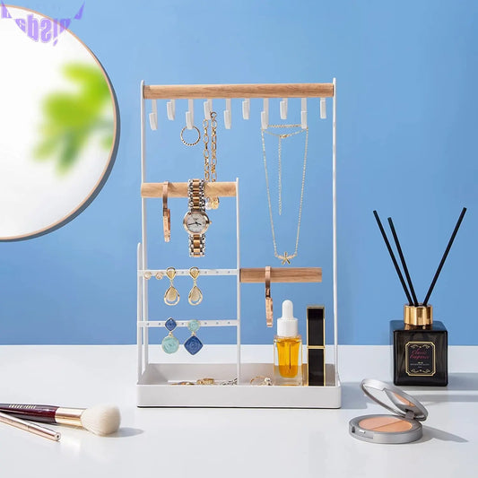 Jewelry Stand Necklace Holder, 4-Tier Jewelry Tower Rack with Earring Tray and Holes, 10 Hooks Necklaces Hanging Storage Tree Display Organizer for Bracelets Watches Earrings Rings -White
