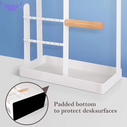 Jewelry Stand Necklace Holder, 4-Tier Jewelry Tower Rack with Earring Tray and Holes, 10 Hooks Necklaces Hanging Storage Tree Display Organizer for Bracelets Watches Earrings Rings -White