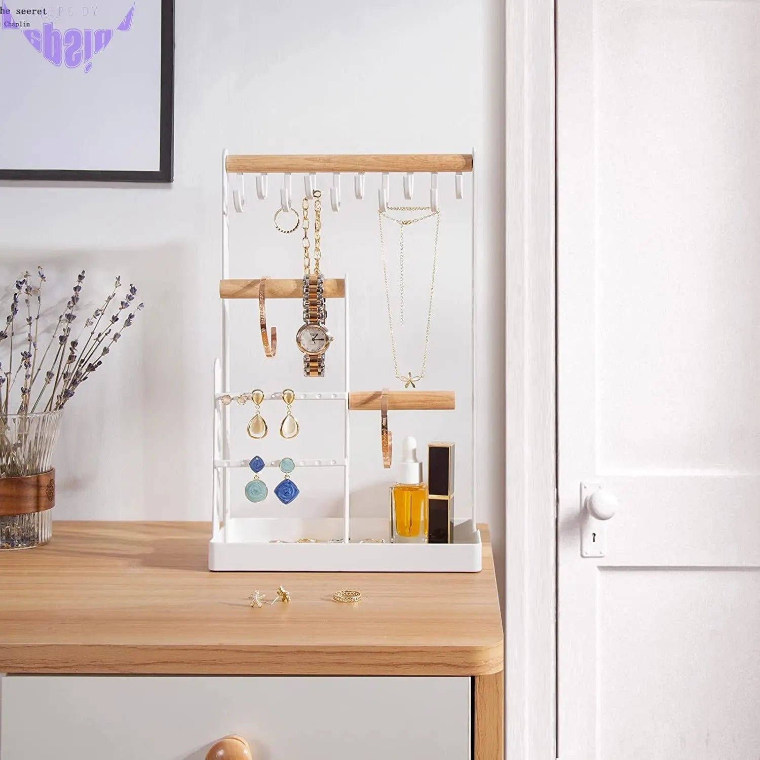 Jewelry Stand Necklace Holder, 4-Tier Jewelry Tower Rack with Earring Tray and Holes, 10 Hooks Necklaces Hanging Storage Tree Display Organizer for Bracelets Watches Earrings Rings -White