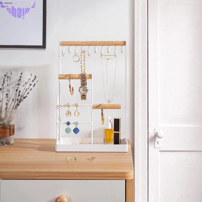 Jewelry Stand Necklace Holder, 4-Tier Jewelry Tower Rack with Earring Tray and Holes, 10 Hooks Necklaces Hanging Storage Tree Display Organizer for Bracelets Watches Earrings Rings -White