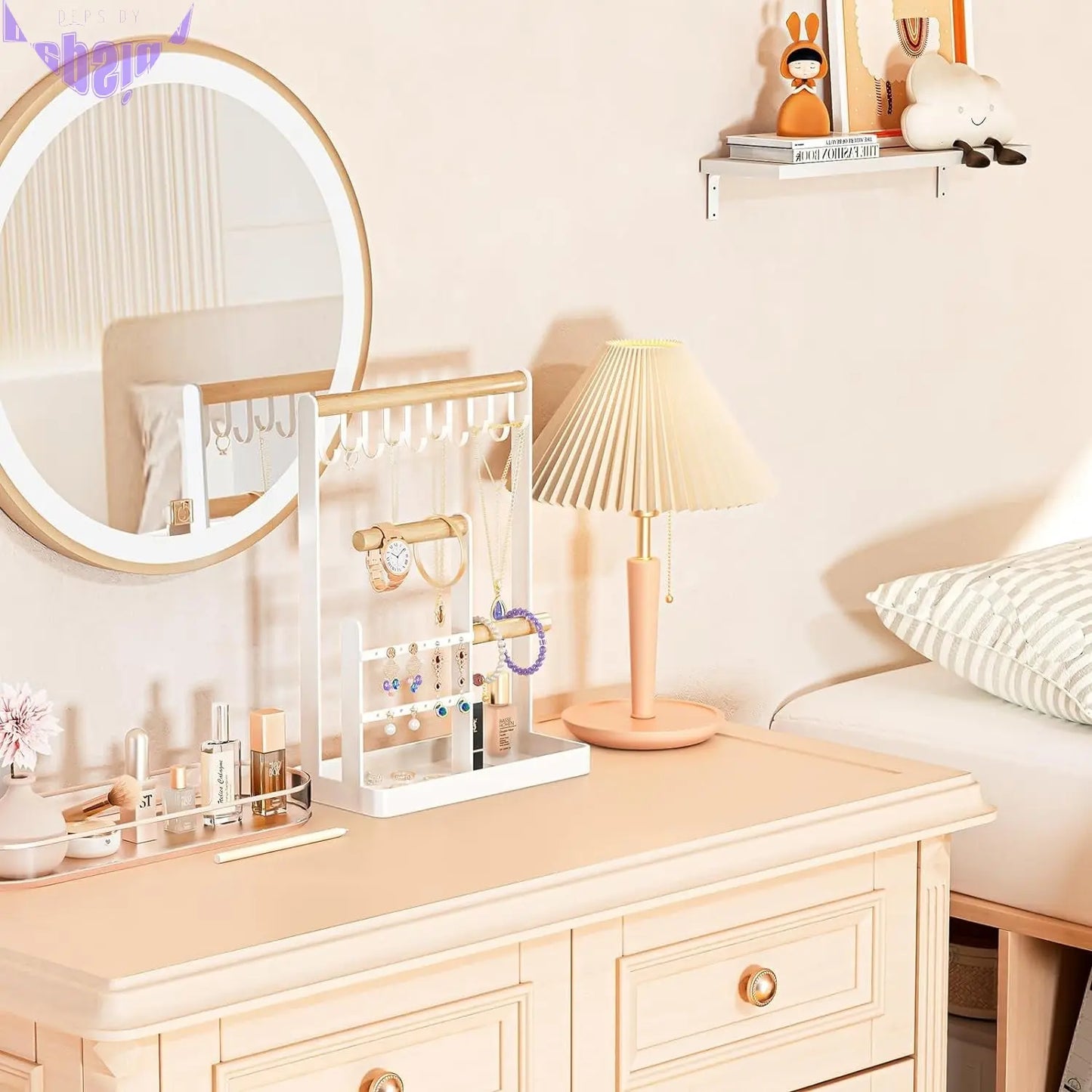 Jewelry Stand Necklace Holder, 4-Tier Jewelry Tower Rack with Earring Tray and Holes, 10 Hooks Necklaces Hanging Storage Tree Display Organizer for Bracelets Watches Earrings Rings -White