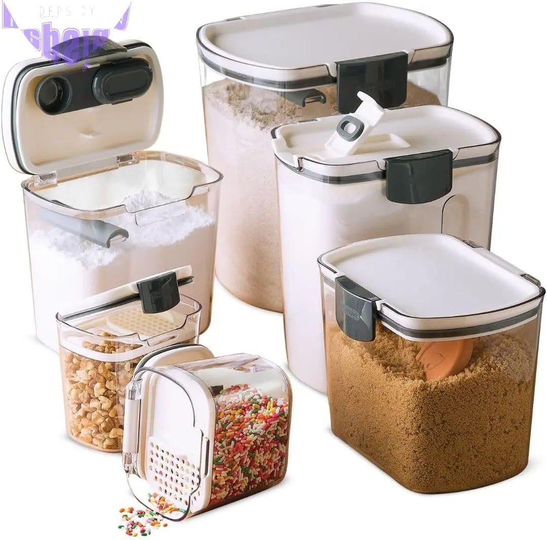 Prokeeper 6-Piece Baker'S Storage Container Set - Containers for Flour, Powdered Sugar, and Two Mini Keepers with Airtight Seals, Measurement Marks, Terra Cotta Disk, Plastic, White
