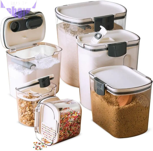 Prokeeper 6-Piece Baker'S Storage Container Set - Containers for Flour, Powdered Sugar, and Two Mini Keepers with Airtight Seals, Measurement Marks, Terra Cotta Disk, Plastic, White
