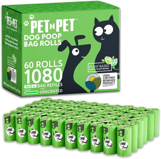 1080 Count Dog Poop Bags USDA Certified 41 Percent Biobased 60 Rolls of Strong & Thick Dog Waste Poo Bags 9X13 Green Unscented Poop Holder