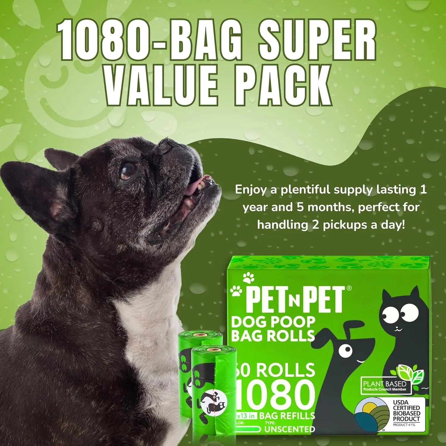 1080 Count Dog Poop Bags USDA Certified 41 Percent Biobased 60 Rolls of Strong & Thick Dog Waste Poo Bags 9X13 Green Unscented Poop Holder