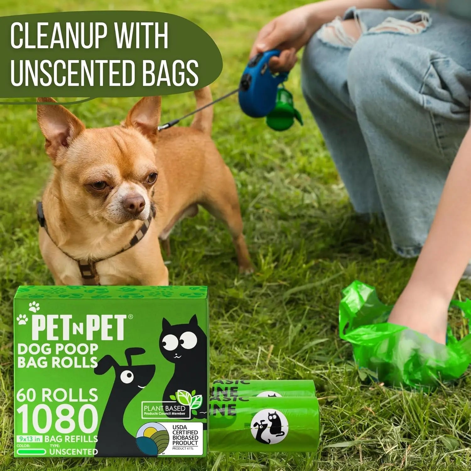 1080 Count Dog Poop Bags USDA Certified 41 Percent Biobased 60 Rolls of Strong & Thick Dog Waste Poo Bags 9X13 Green Unscented Poop Holder
