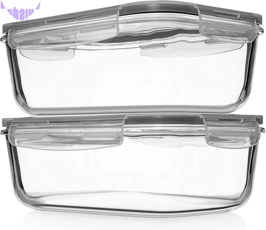 8 Cups/ 63 Oz 4 Piece (2 Containers + 2 Lids) Large Glass Food Storage/Baking Containers with Locking Lids Ideal for Storing Food, Vegetables or Fruits. BPA Free & Leak Proof - Microwave, Oven Safe