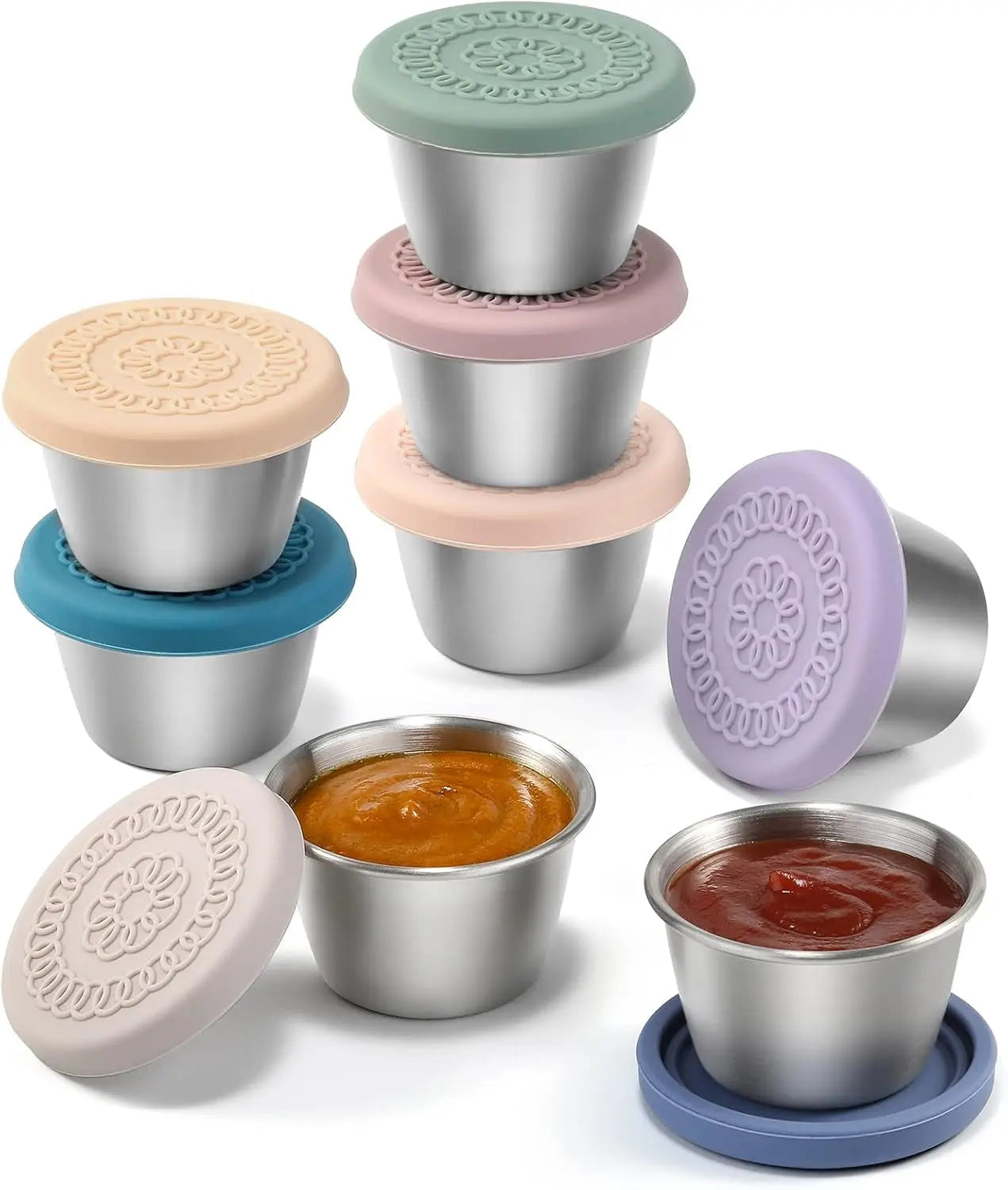 [8 Pack] Salad Dressing Container to Go, 2.4Oz Small Condiment Containers with Leakproof Silicone Lids, Reusable Stainless Steel Sauce Cups for Lunch Bento Box, Picnic and Travel