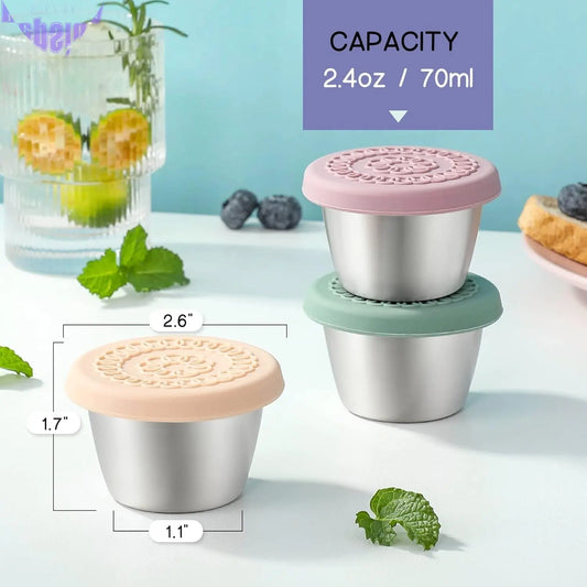 [8 Pack] Salad Dressing Container to Go, 2.4Oz Small Condiment Containers with Leakproof Silicone Lids, Reusable Stainless Steel Sauce Cups for Lunch Bento Box, Picnic and Travel