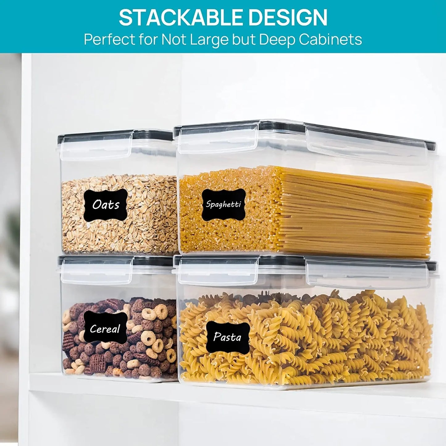 Airtight Food Storage Containers with Lids 4PCS Set 3.2L, Plastic Spaghetti Canisters for Pasta Organizer, BPA Free Air Tight Kitchen Pantry Organization