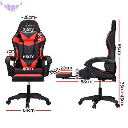 Artiss Massage Gaming Chair 6 Point 7 LED Office Chairs Leather Footrest Red