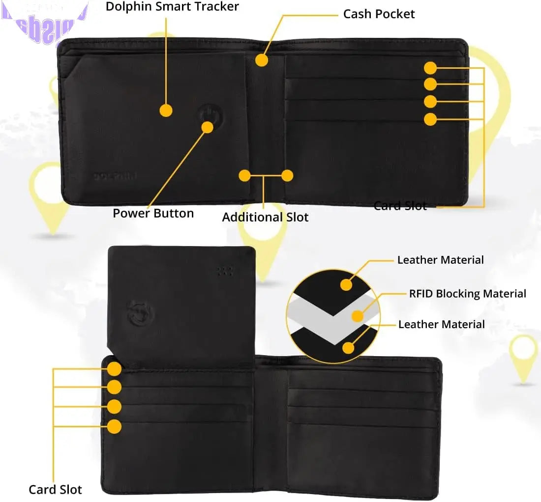 Dolphin Bluetooth Wallet (Black) - Premium RFID Anti-Theft Leather Wallet with Separation Alert, GPS Last Seen Location - Cash Slot, 8 Card Slots, 2 Additional Slot & Dolphintracker - Android & Apple Compatible