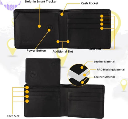 Dolphin Bluetooth Wallet (Black) - Premium RFID Anti-Theft Leather Wallet with Separation Alert, GPS Last Seen Location - Cash Slot, 8 Card Slots, 2 Additional Slot & Dolphintracker - Android & Apple Compatible
