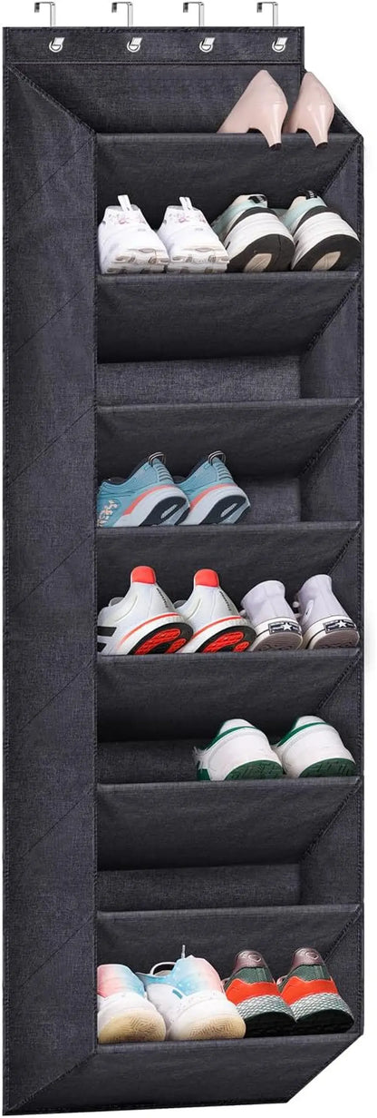 over the Door Shoe Organizer for Closet with Large Deep Pockets, Narrow Shoe Rack for Door Hanging Boots Storage, Black