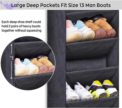 over the Door Shoe Organizer for Closet with Large Deep Pockets, Narrow Shoe Rack for Door Hanging Boots Storage, Black