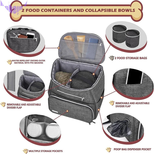 丨Dog Travel Bag Backpack, Airline Approved Pet Supplies Backpack, Dog Travel Backpack with 2 Silicone Collapsible Bowls and 2 Food Baskets Grey