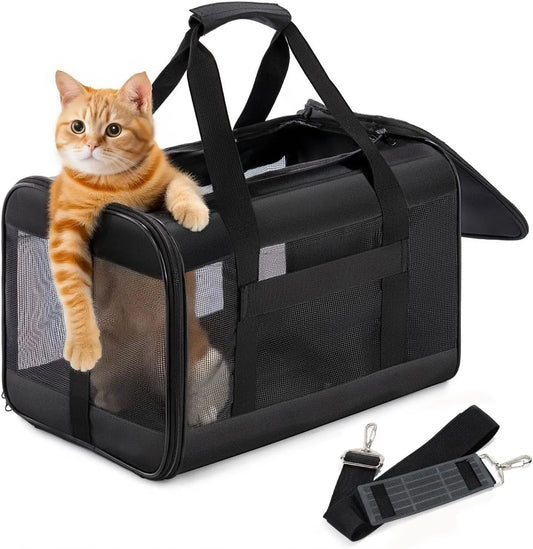 Cat Carrier Airline Approved, Soft-Sided Dog Carrier with Inner Safety Leash, Pet Transport Carrier for Small-Medium Cats Puppies up to 15 Lbs, Collapsible Travel Kitten Carrier Bag -Blackm