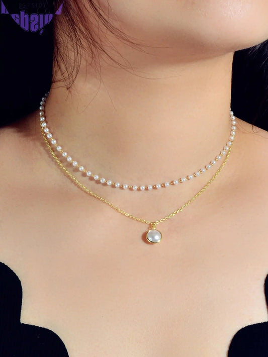 Retro Gold Double layer Chain Pearl Pendant Necklace Anniversary Wedding Gift-0