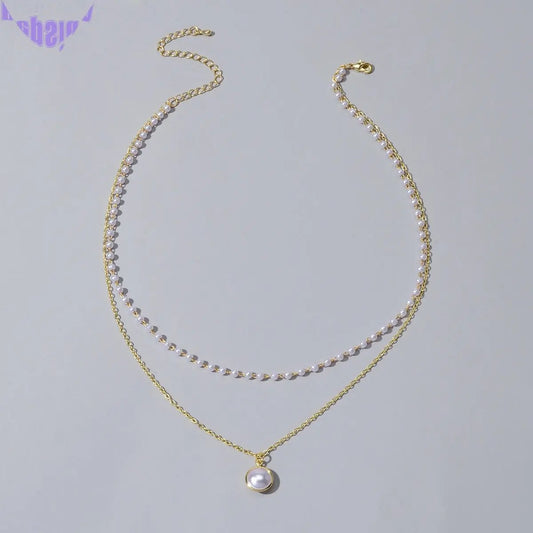 Retro Gold Double layer Chain Pearl Pendant Necklace Anniversary Wedding Gift-1