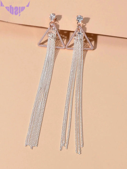 Rhinestone Triangle Silver Tassel Long Chain Drop Dangle Party Stud Earrings-1