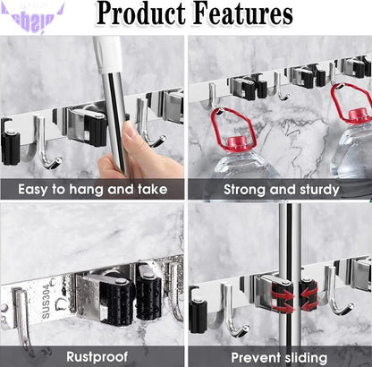 5 Racks and 4 Hooks Mop and Broom Holder Wall Mount, Broom Organizer Storage Tool Racks Stainless Steel Heavy Duty Hooks Self Adhesive Solid Non-Slip for Home Kitchen Garden Laundry Garage