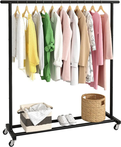Clothing Rack Clothes Rack Standard Rod Simple Rolling Metal Garment Rack Organizer Freestanding Hanger with Wheels,Black