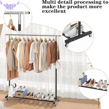 Clothing Rack Clothes Rack Standard Rod Simple Rolling Metal Garment Rack Organizer Freestanding Hanger with Wheels,Black