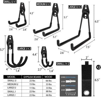 Steel Garage Storage Hooks - 16 Pack Anti-Slip Coating, Heavy Duty Wall Mount Hooks for Hanging Bike, Ladder, Garden Tools
