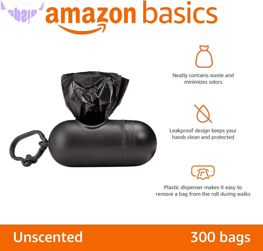 Unscented Standard Dog Poop Bags with Dispenser and Leash Clip, 33.02 X 22.86 CM, Black - 20 Rolls (300 Bags)